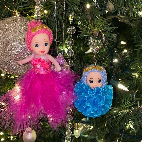 Other - 2 baby doll Christmas tree ornaments or keychains pink feather blue ribbon ball‌